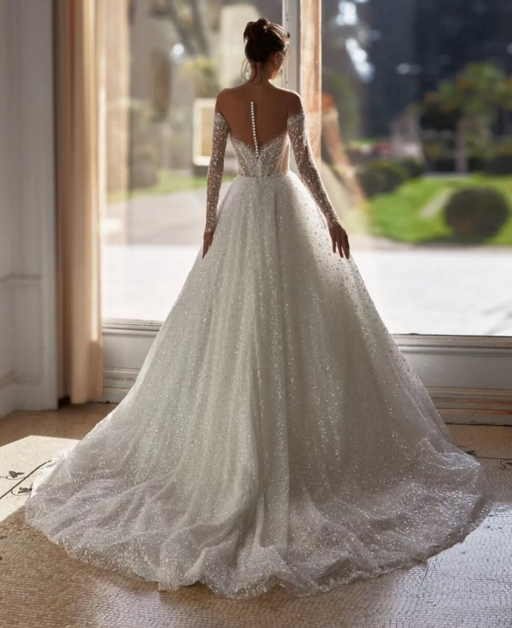 Shiny Long Sleeve Wedding Dress From The Shoulder Bridal A Line Dresses