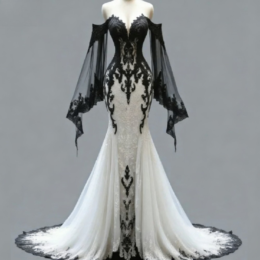 Black And White Gothic WeddingDress Cap Sleeve Lace Mermaid Bohemain BridalDress