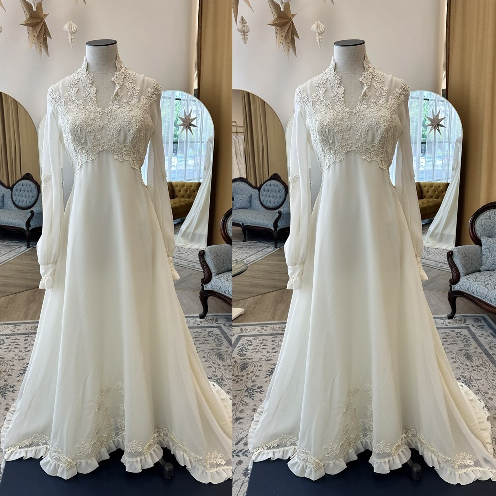 Vintage Wedding Dresses High Neck Sleeve Lace Sweep Train Chiffon Bridal Gowns