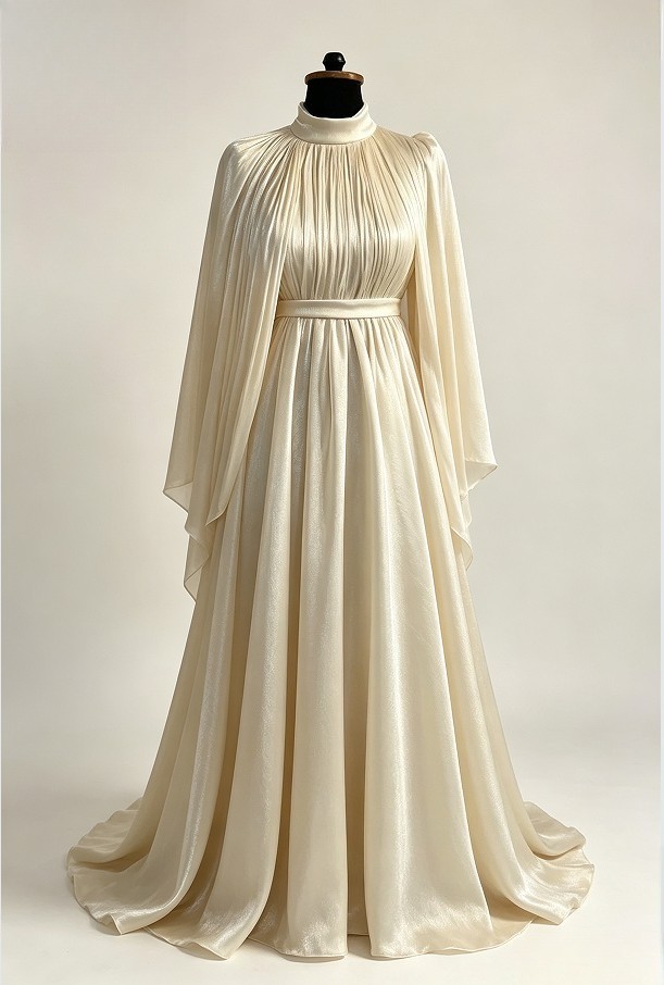 Elegant High-Neck Wedding Dresses with Pleated Train and Muslim Wedding Robe