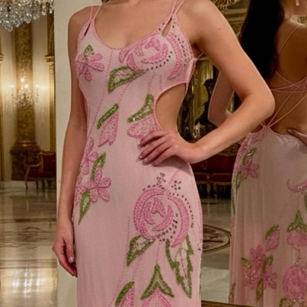 Elegant Pink Floral hand beaded Attitudes by Debra formal gown