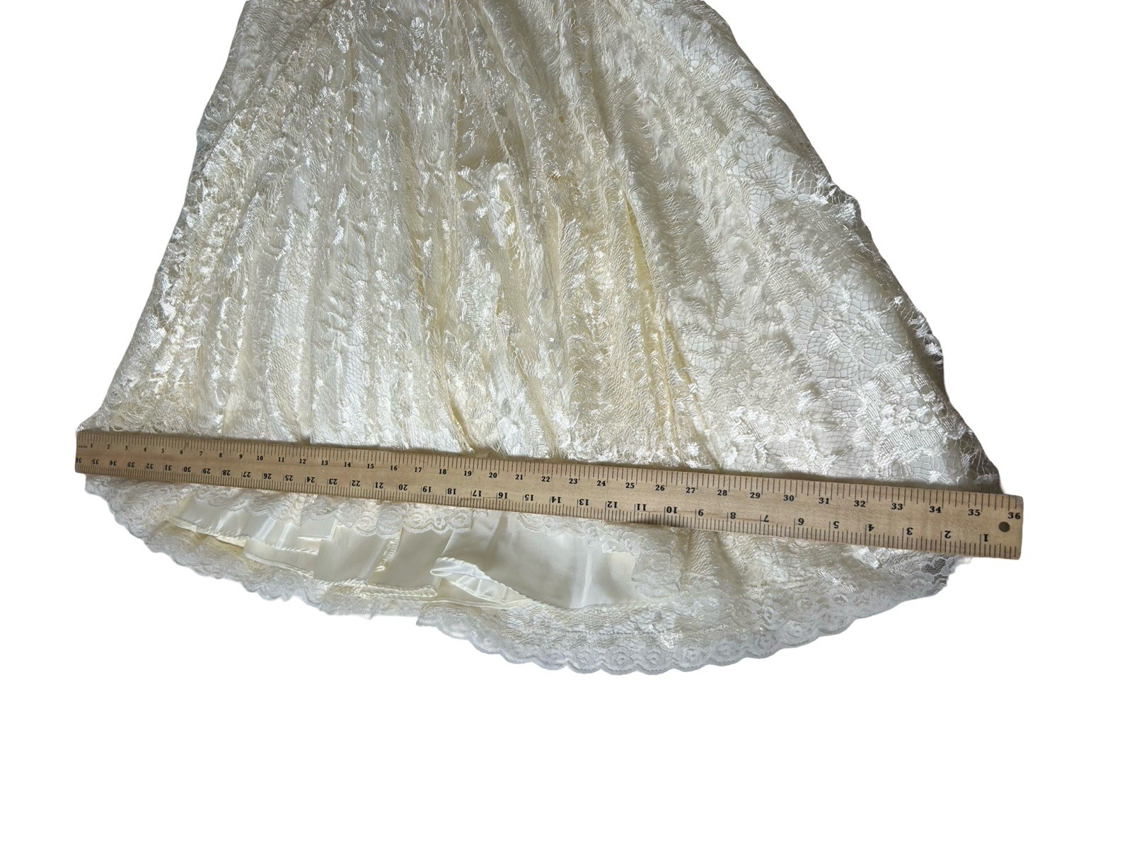 VTG Wedding Dress Sz 11/12 Lace Ivory Drop Waist Tea Length Flutter Sleeve READ