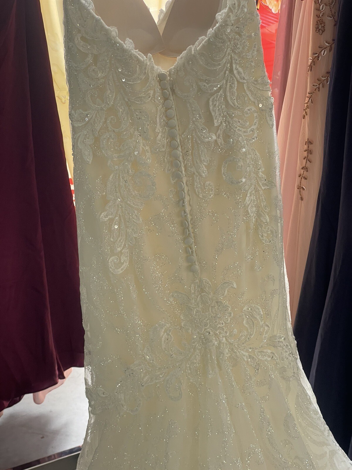 Evelyn Bridal Annika S201363 strapless metallic sparkle lace sheath gown Train