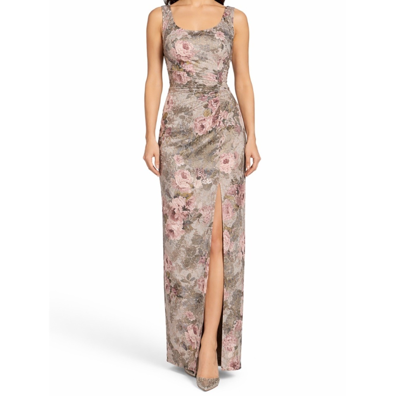Adrianna Papell – Metallic Floral-Print Column Gown