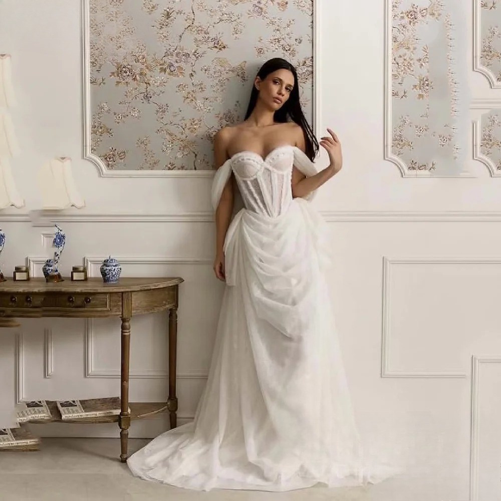 Modern Pleat Lace Wedding Dresses Mermaid Boat-Neck Off The Shoulder Bridal Gown
