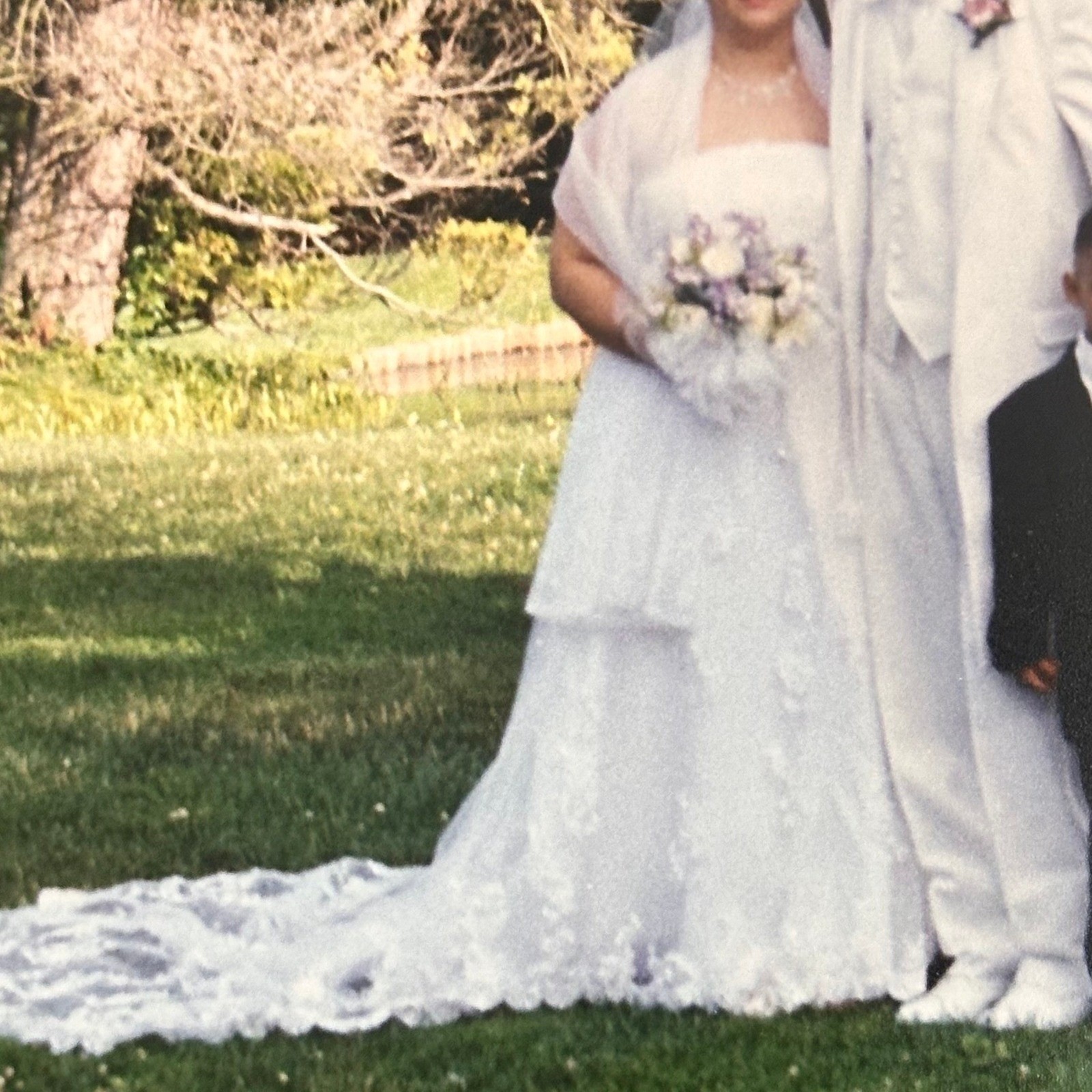 Mary’s White Strapless Lace Floral Beaded Wedding Dress Cathedral Train Size 22