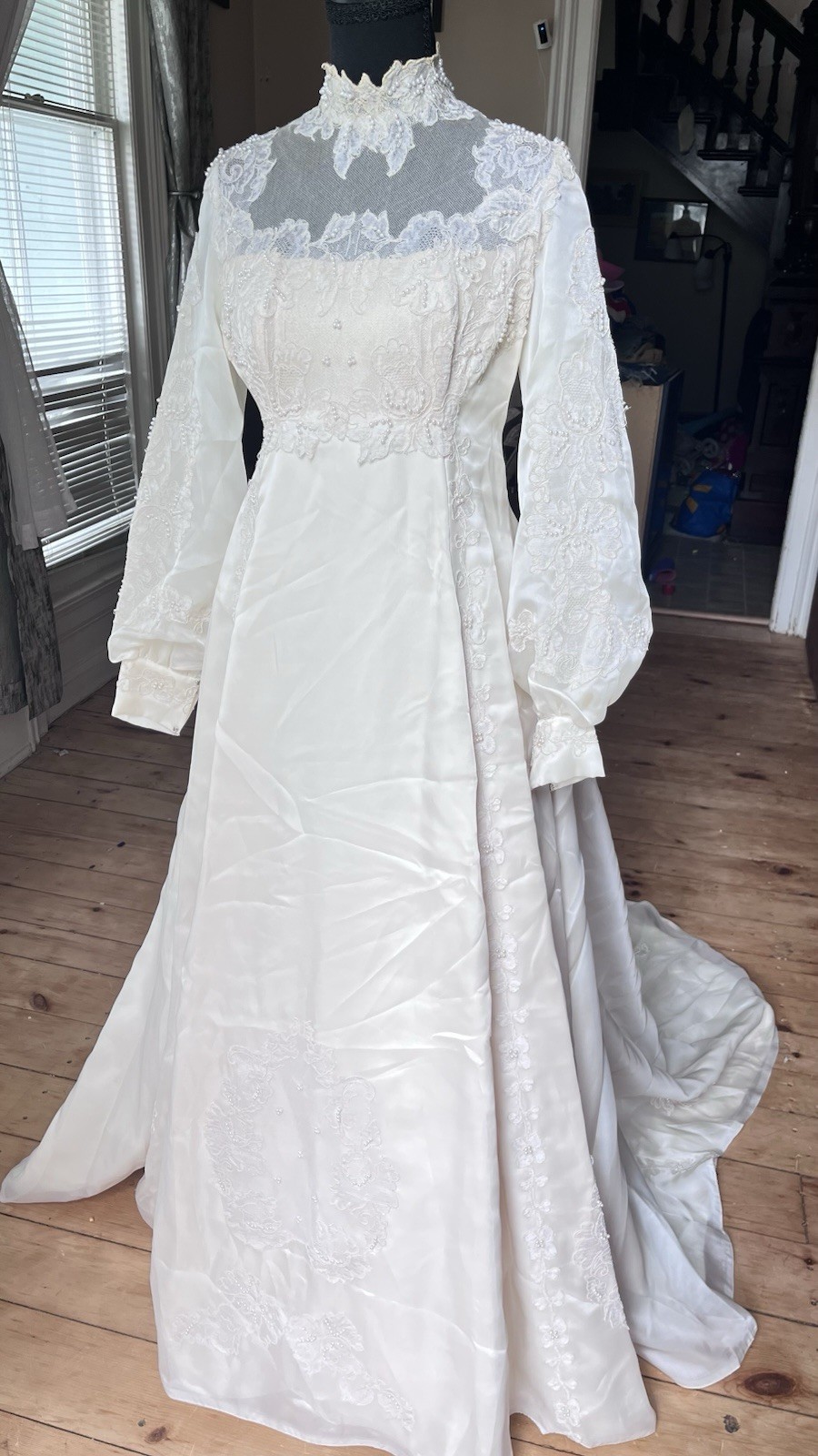 Vintage tan high Neck Long Sleeve Lace Beaded A-Line Wedding Dress Train
