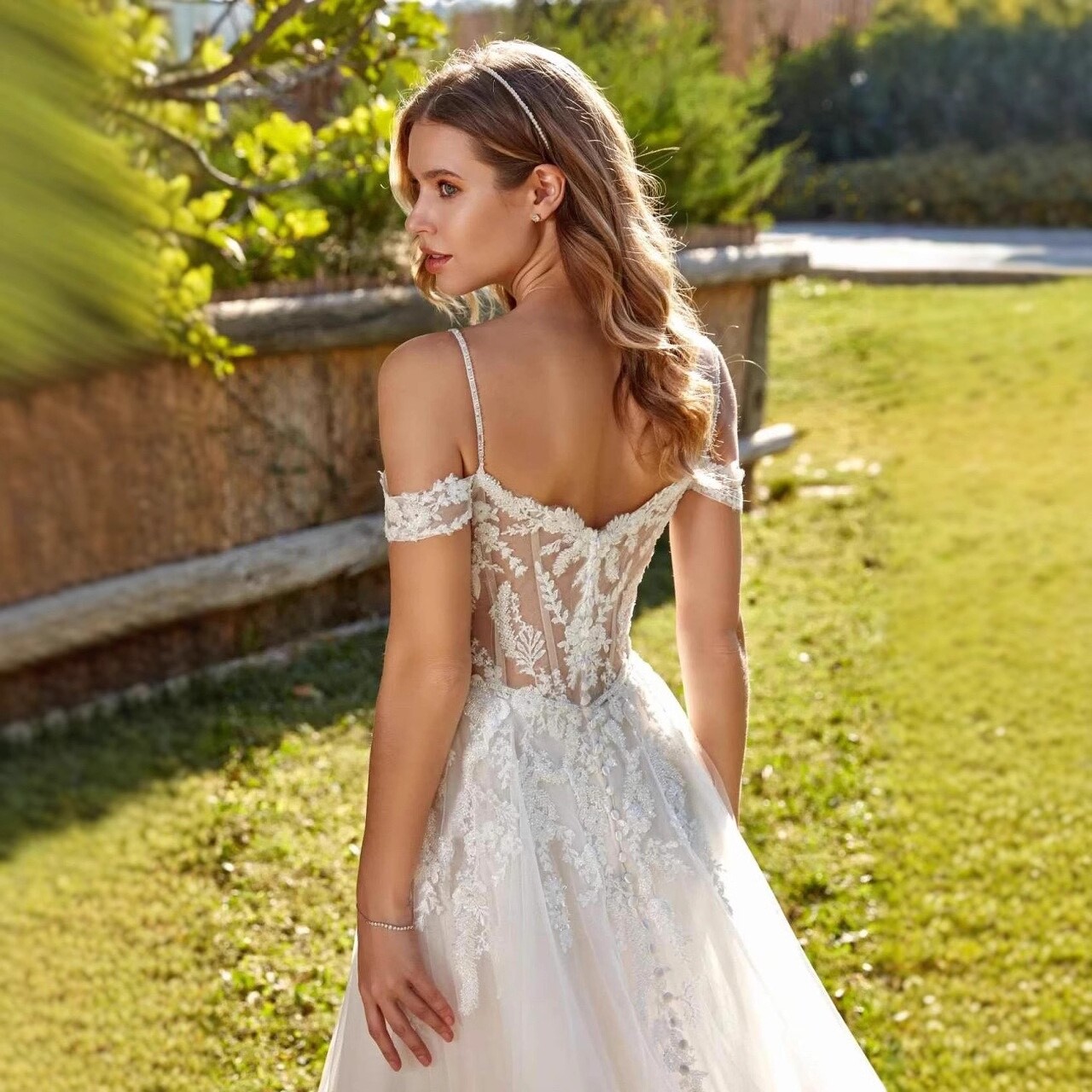 Boho Sweetheart Strapless Appliqué Lace High Slit Bridal Gown Wedding Dress