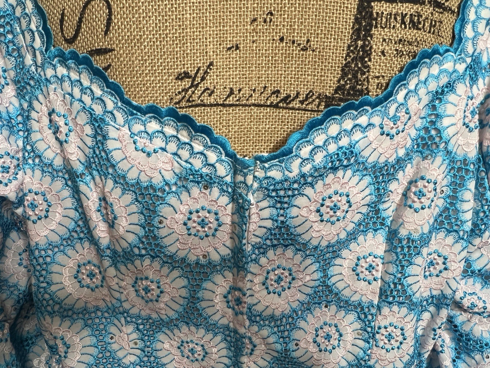 Gorgeous Vintage Handmade Crochet Lace In Turquoise & White Shirt & Top Size XXL