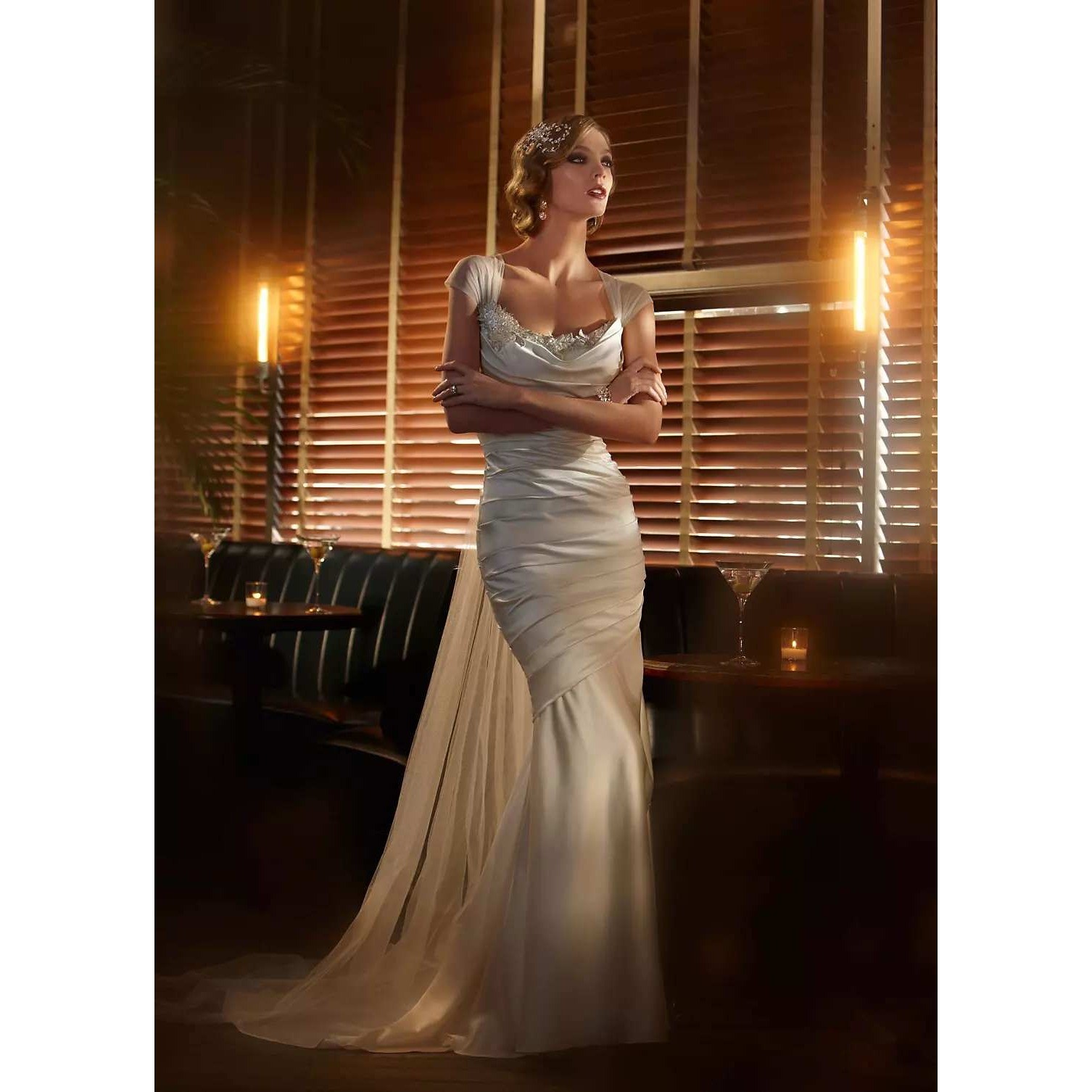 Galina Signature Wedding Dress Womens 10P Ivory Ruched Mermaid Beaded 7SPK472