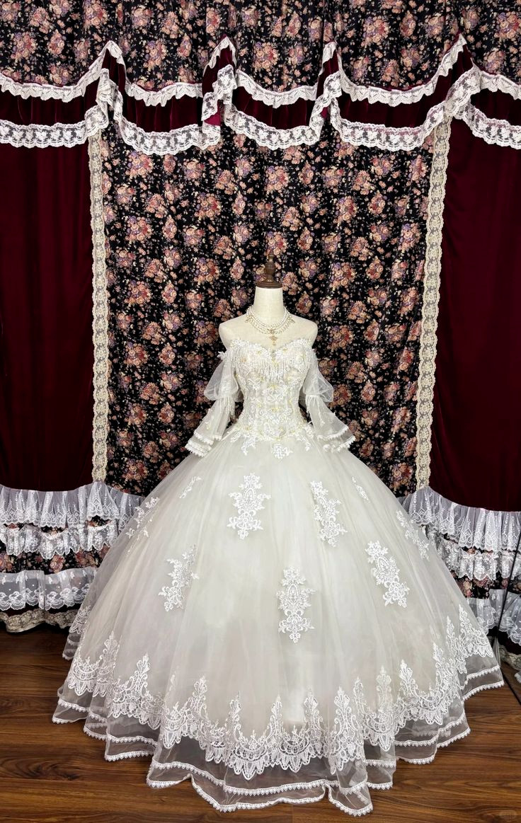 Strapless Wedding Dress with Puff Sleeve Lace Applique Sweep Train Bridal Gown