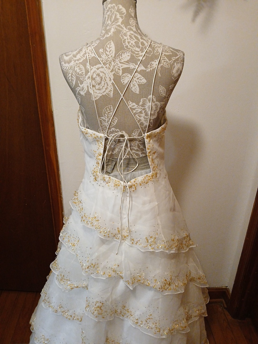 Jovani White Tiered Wedding Dress Size 12 With Gold Sequin Embellishments