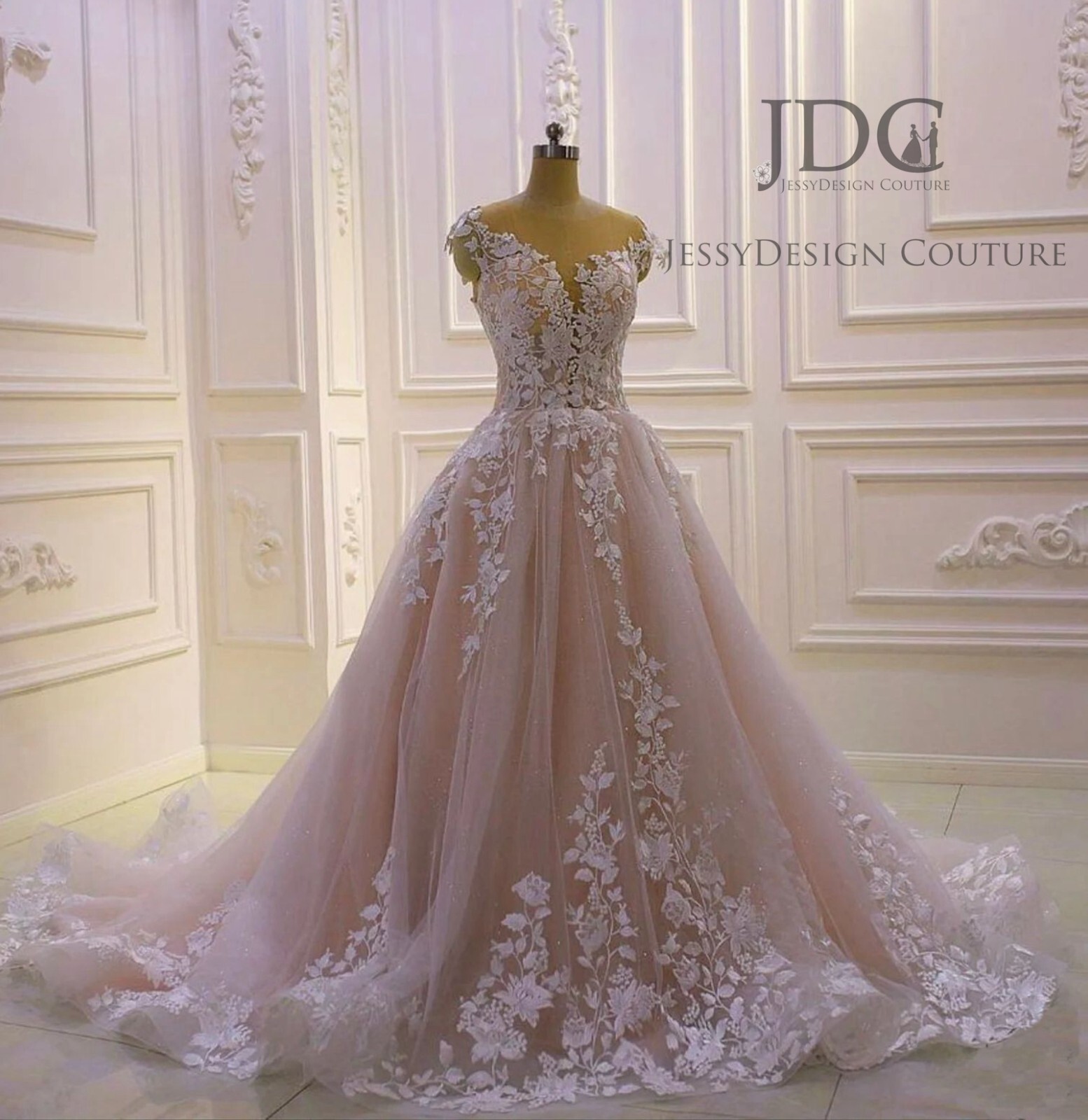 Blush Champagne Beaded Lace Wedding Dress Bridal Gown Custom made Glitter Tulle