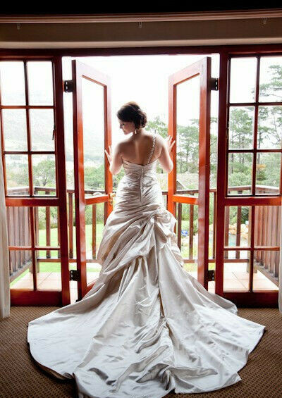 Maggie Sottero 12 Wedding Dress Fiorella Alabaster Satin Bling Ball Gown Draping