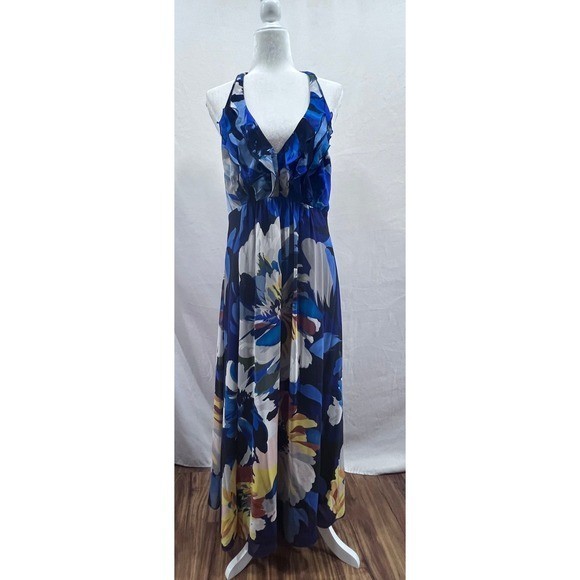 Jones New York Dress Blue Floral Halter Maxi Dress Ruffle V-Neck Size 12 Wedding