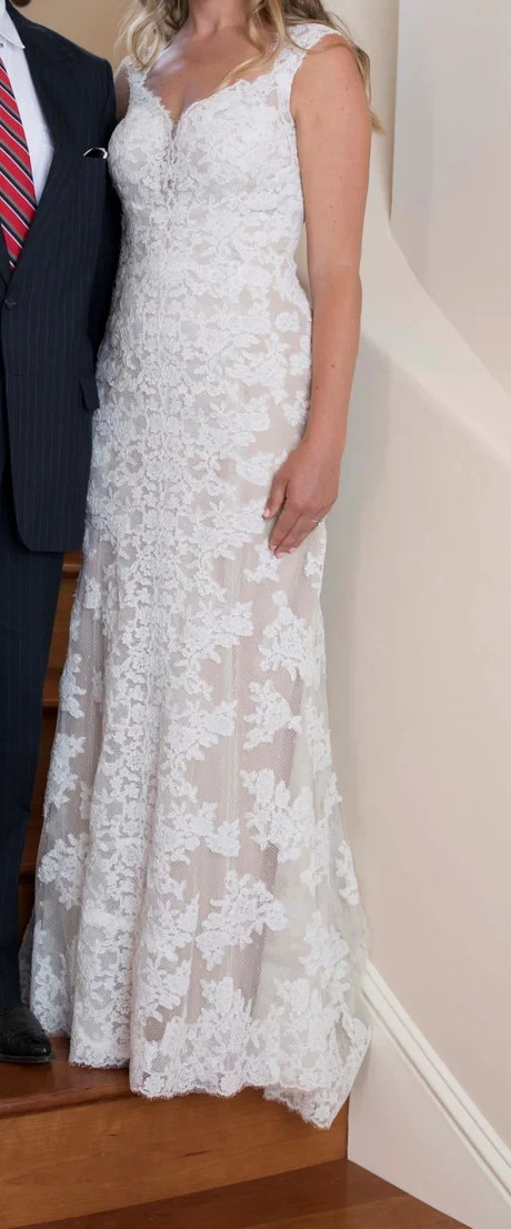 Watters Wtoo Telvanise 19101 Wedding Dress 10 Ivory Nude Lace Sheath Illusion
