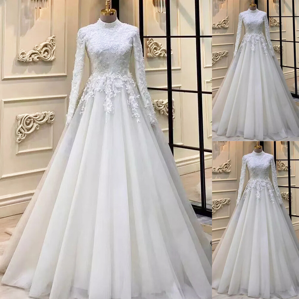 Muslim High Neck Long Sleeves Wedding Dresses Vintage Lace Applique Bridal Gowns