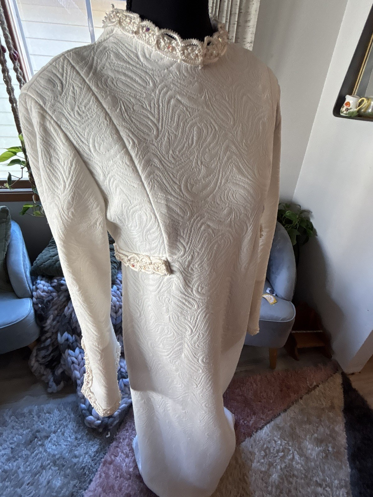 Vintage MCM 1960s Ivory Jacquard Wedding Dress bridal beaded Lace bell sleeves