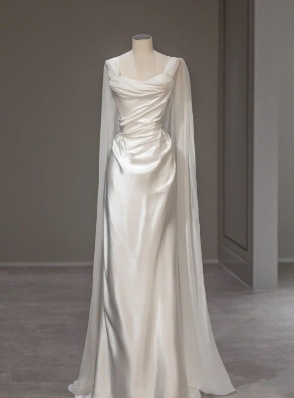 Simple Satin Wedding Dress With Cap Square Neck Ruching Full Length Bridal Gowns