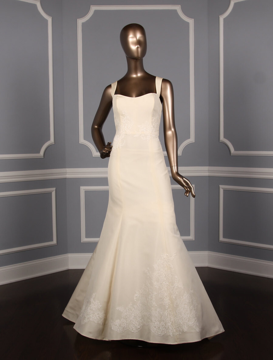 AMSALE Mave Ivory Fit Flare Silk Faille Lace Sleeveless Straps Wedding Dress 10