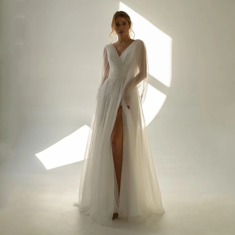Glitter Tulle Boho Wedding Dress V-Neck Long Sleeves Pleat Lace-Up Bridal Gowns