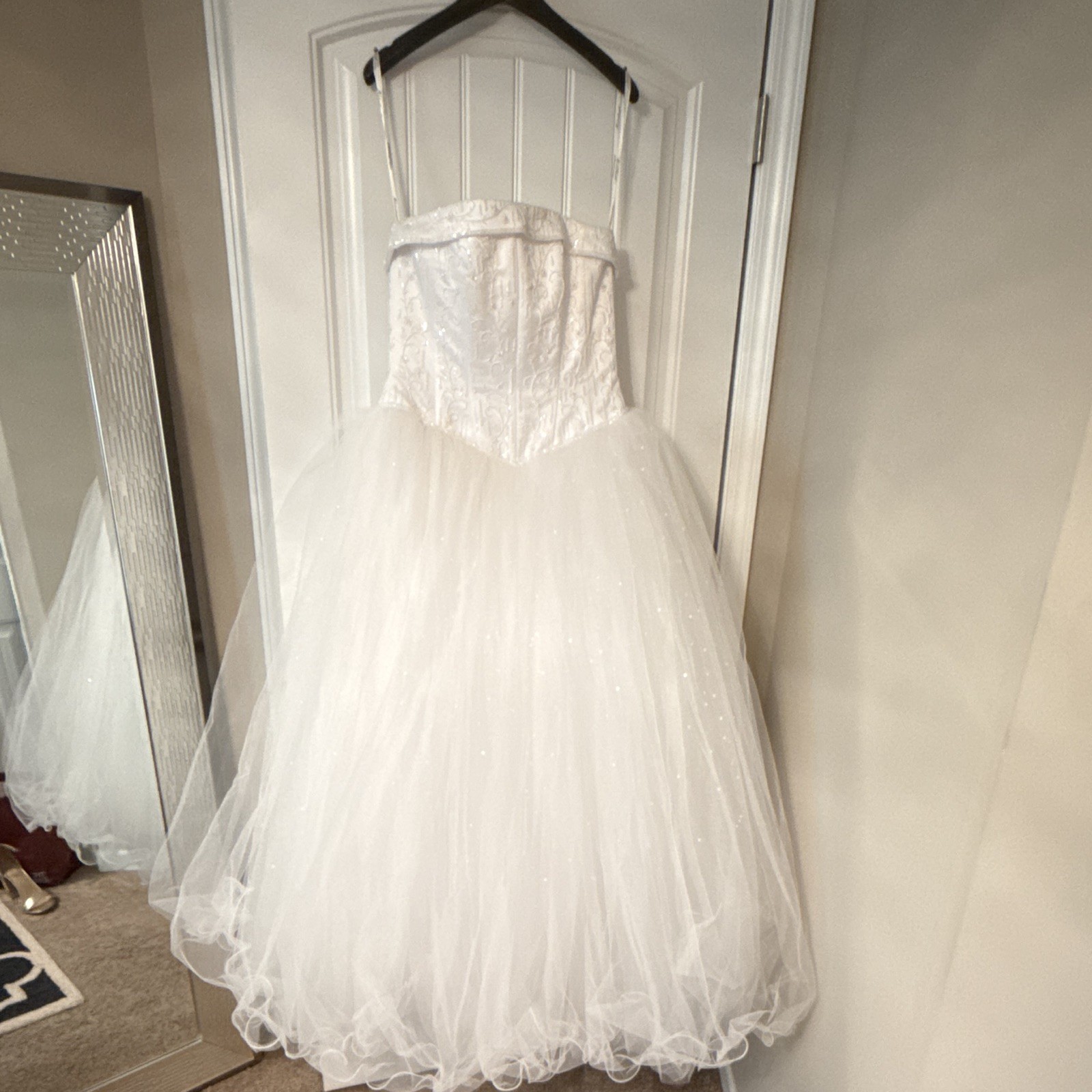 White Strapless Ball Gown Wedding Dress, Full-Length Tulle, Embroidery & Beading