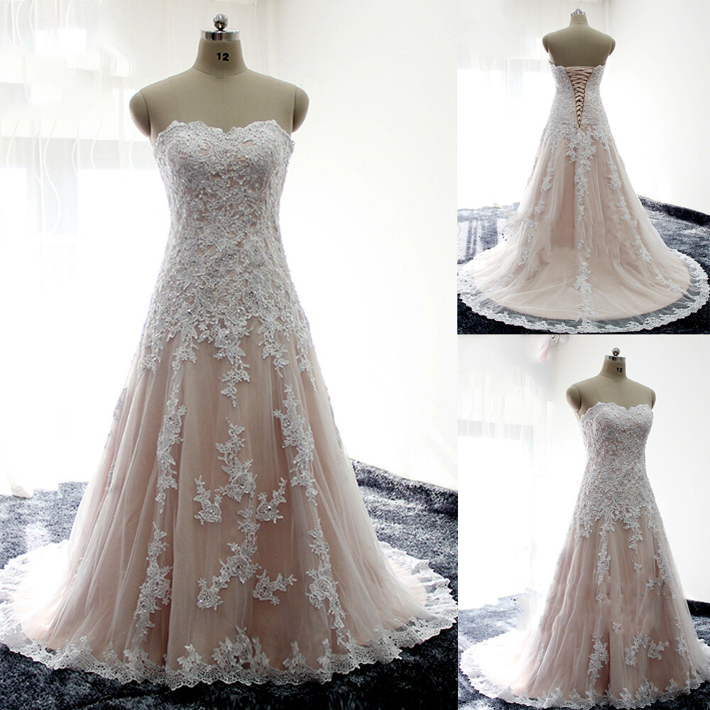 Blush Wedding Dresses Strapless White Appliques Lace Up Sweetheart Wedding Gowns