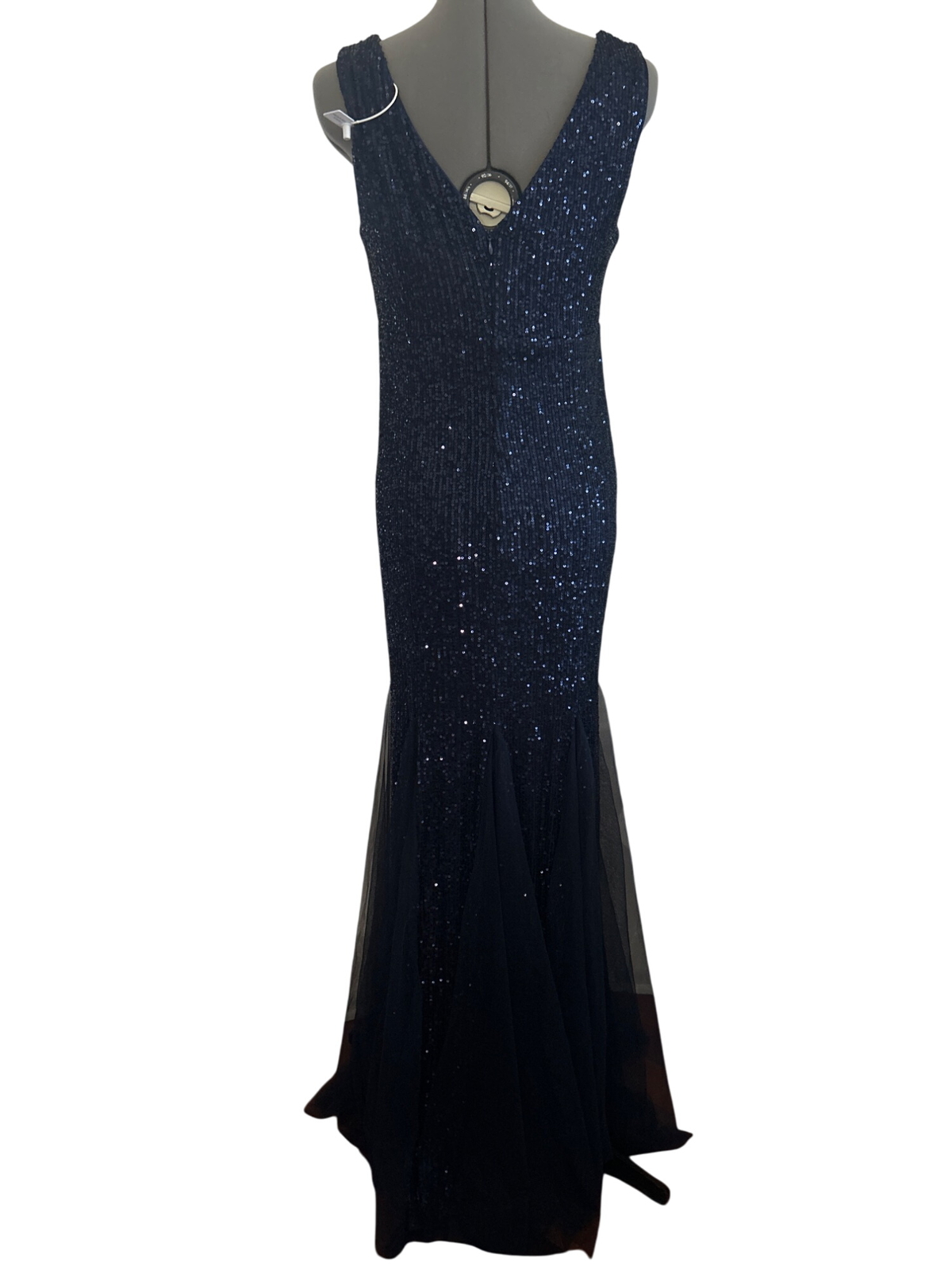 AARFAR Navy Blue Sequin Tulle Gown 2XL Sleeveless V-Neck Full-Length RUNS SMALL
