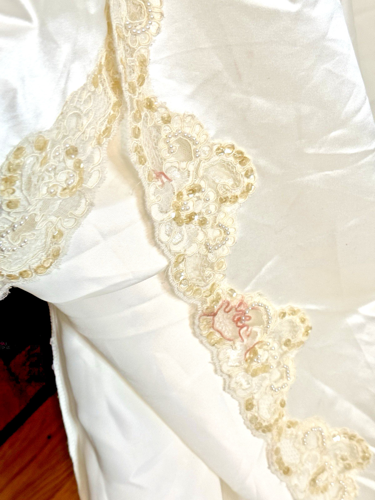 Vintage Alfred Angelo Off Shoulder Satin Wedding Dress Lace Train – Needs Repair