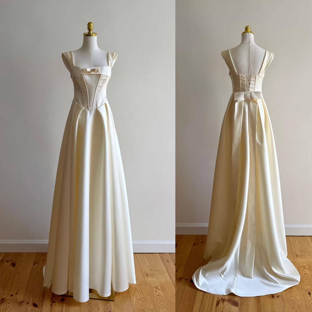 Simple Light Champagne Satin Wedding Dresses Boho A Line Bridal Gowns
