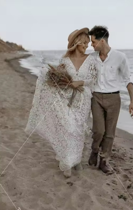 Flare Sleeve crochet Lace Wedding Dresses Boho GYPSY V-Neck beach bohemian Brida