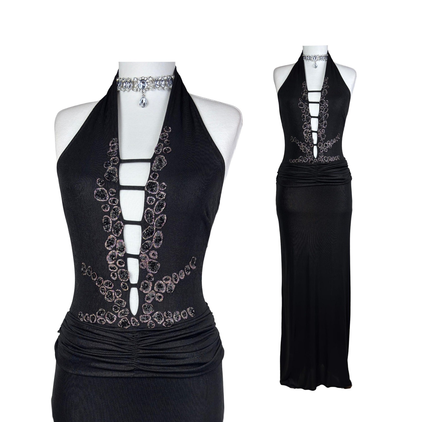 Y2K Black Halter Maxi Dress: Rhinestone Embellished, Deep Plunge, Bodycon