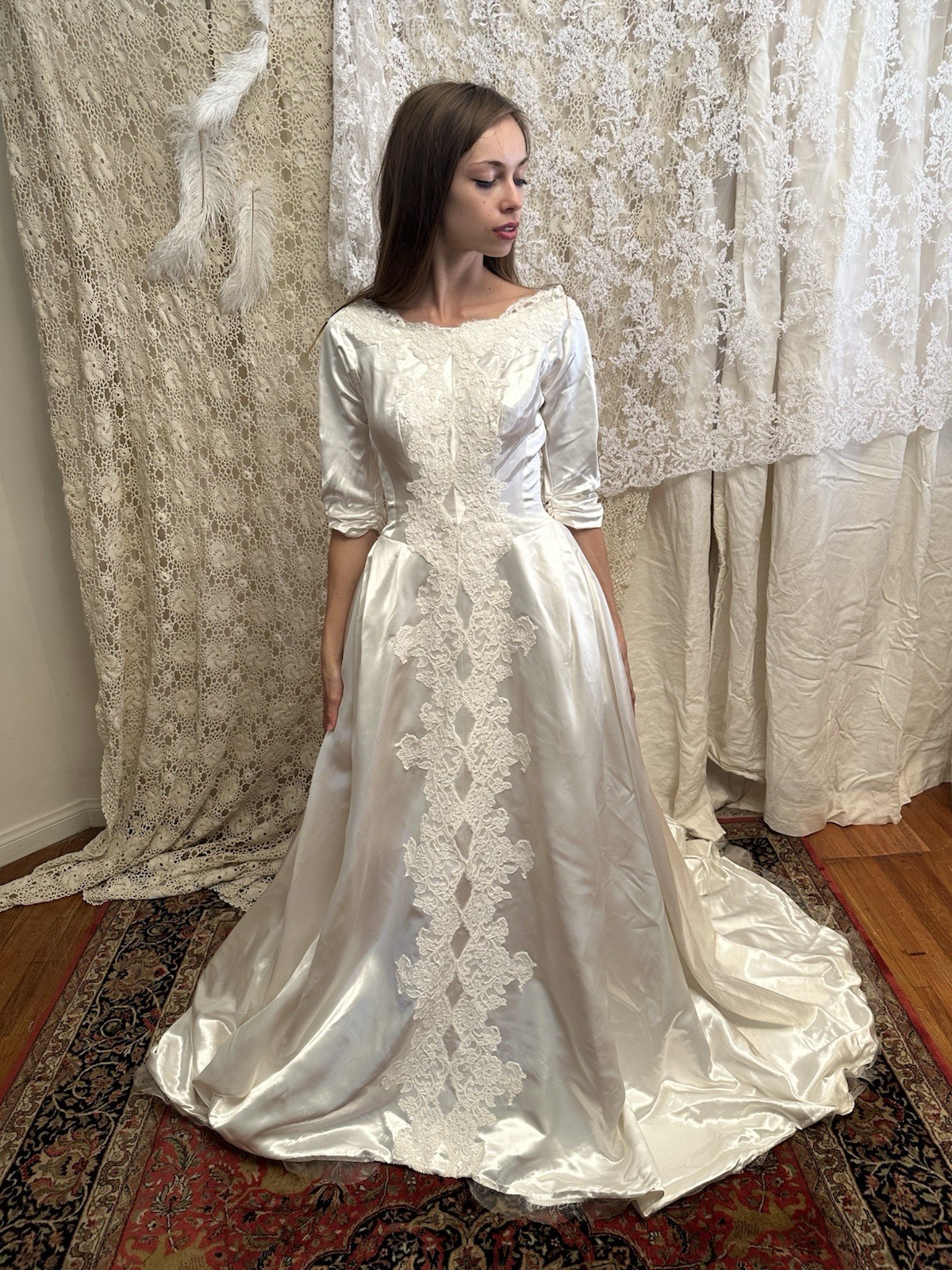 Priscilla of Boston 1950s liquid silk wedding dress with lace trim