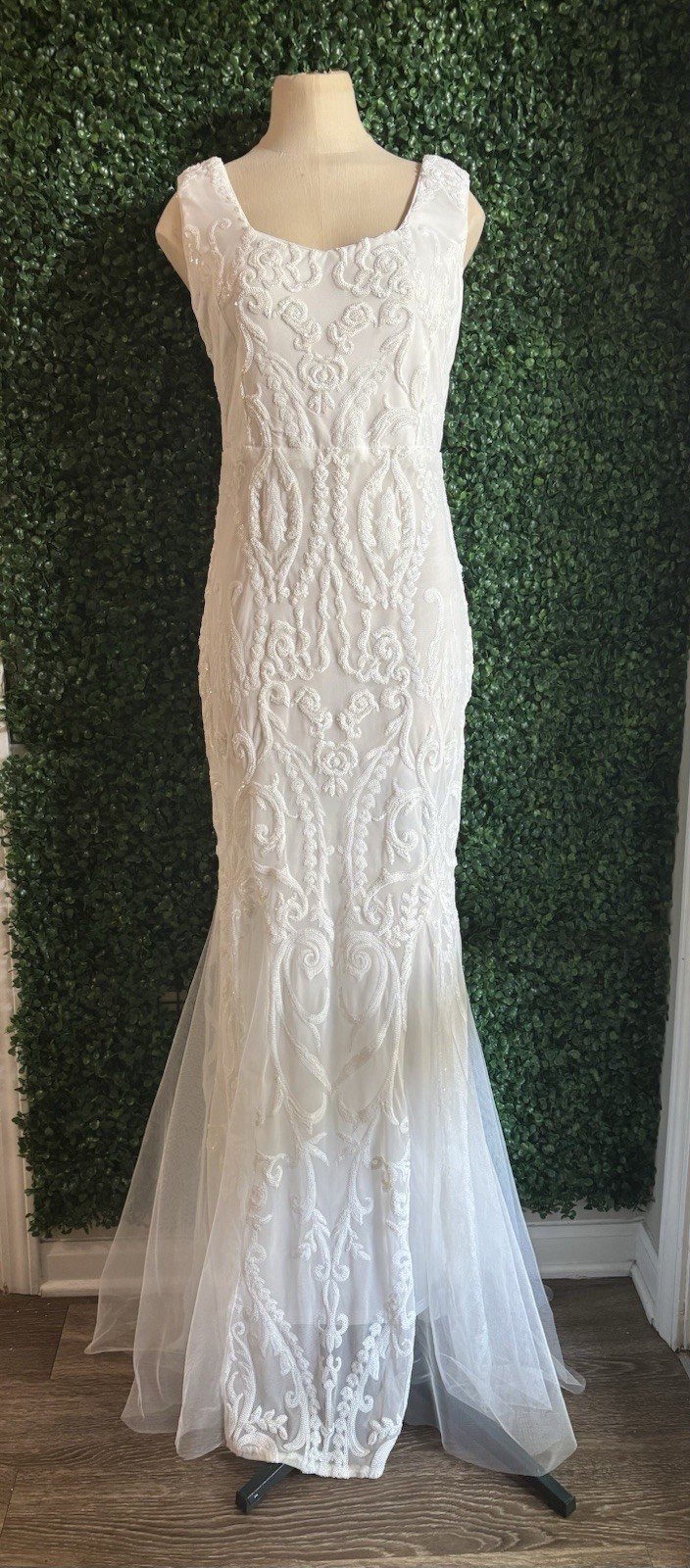 XL Beaded Mermaid Wedding Dress Ivory Art Deco Lace Sequin Bridal Gown