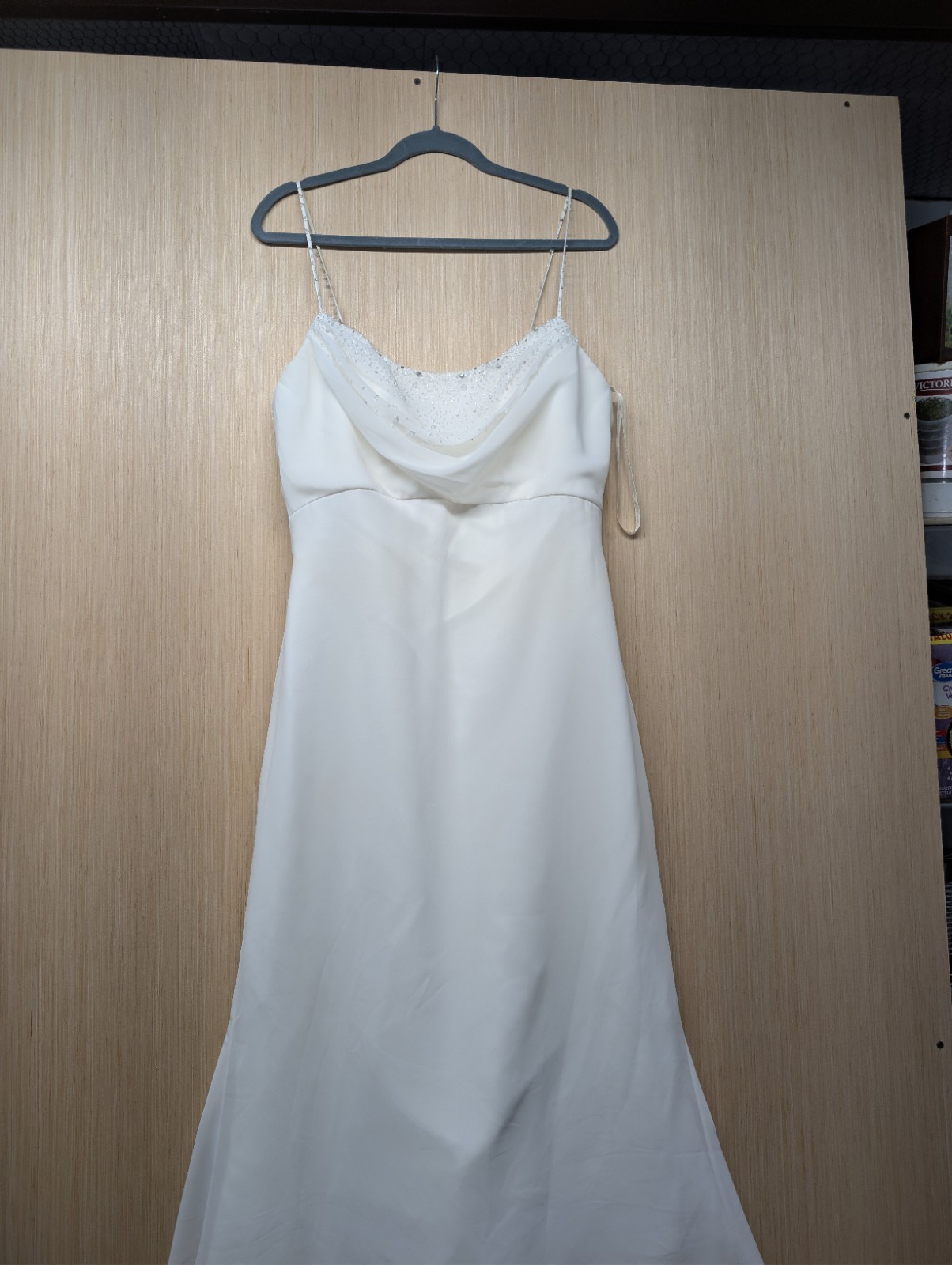 David’s Bridal Gown Galina Sz 12 Ivory Iridescent Beaded Cowl Neck Wedding Dress