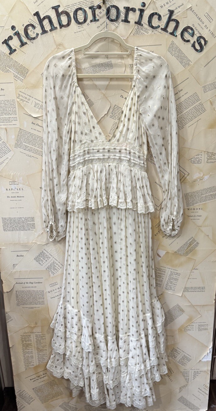 Free People Rococo Sand Long Sleeved Dress Ruffle Lace Trim Metallic Ivory S NWT