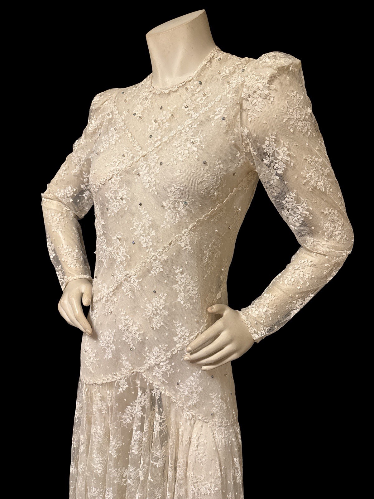 Vintage 80s Ivory Lace Dress Semi Sheer Tea Dress Edwardian Style Long Sleeve M