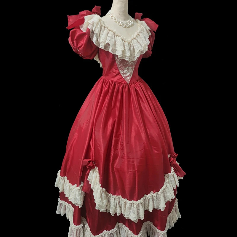 Princess red Simulated silk double palace satin white flowers lace Vneck big bow