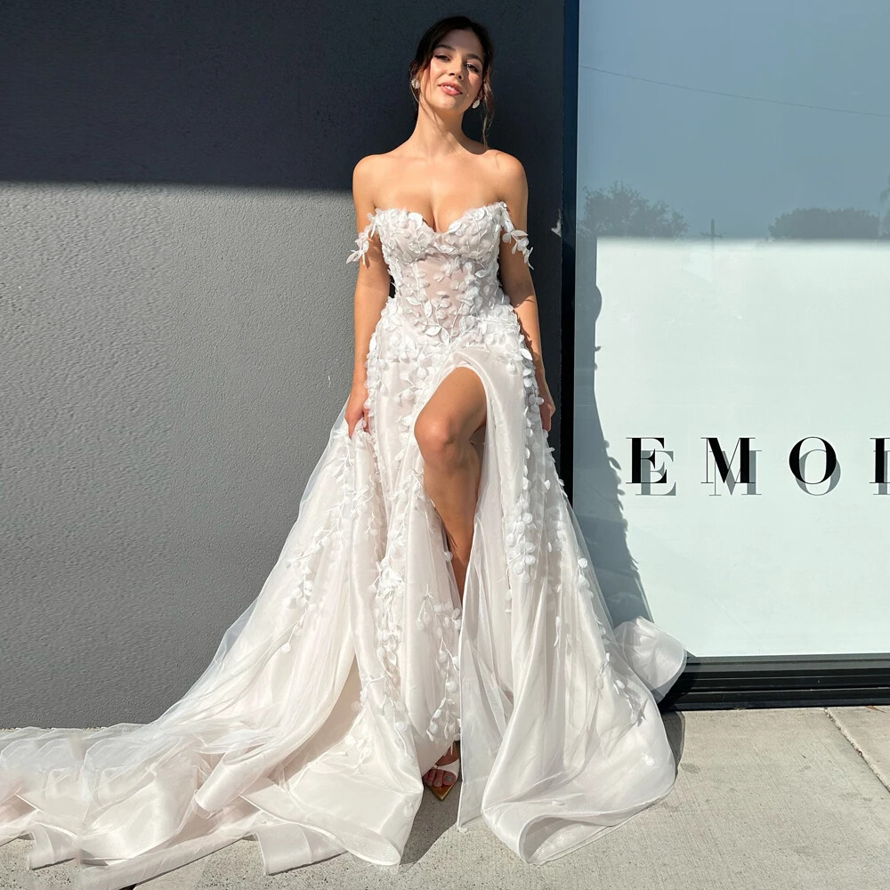 Sexy Boho A-Line Wedding Dress Off Shoulder High Slit Lace Applique Bridal Gowns