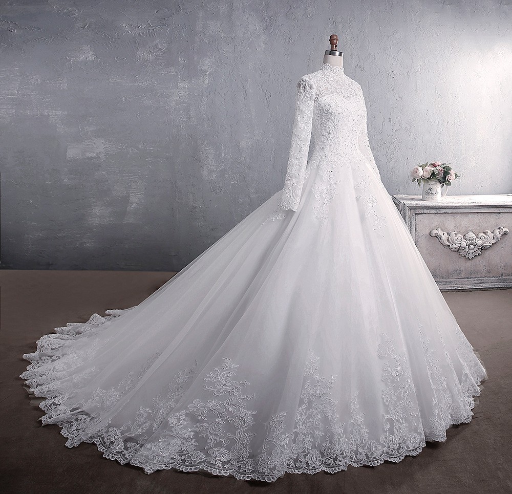 White/Ivory Lace Wedding Dresses BallGown Long Sleeve Applique BridalGown Custom