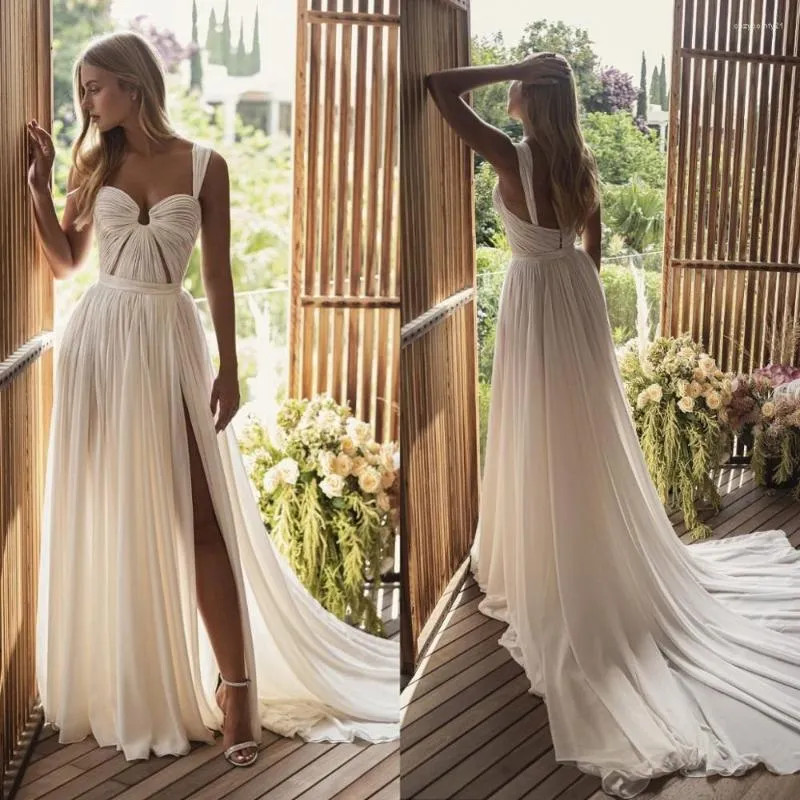 Simple A-Line Wedding Dresses Spaghetti Straps High Split Ruffles Bridal Gowns