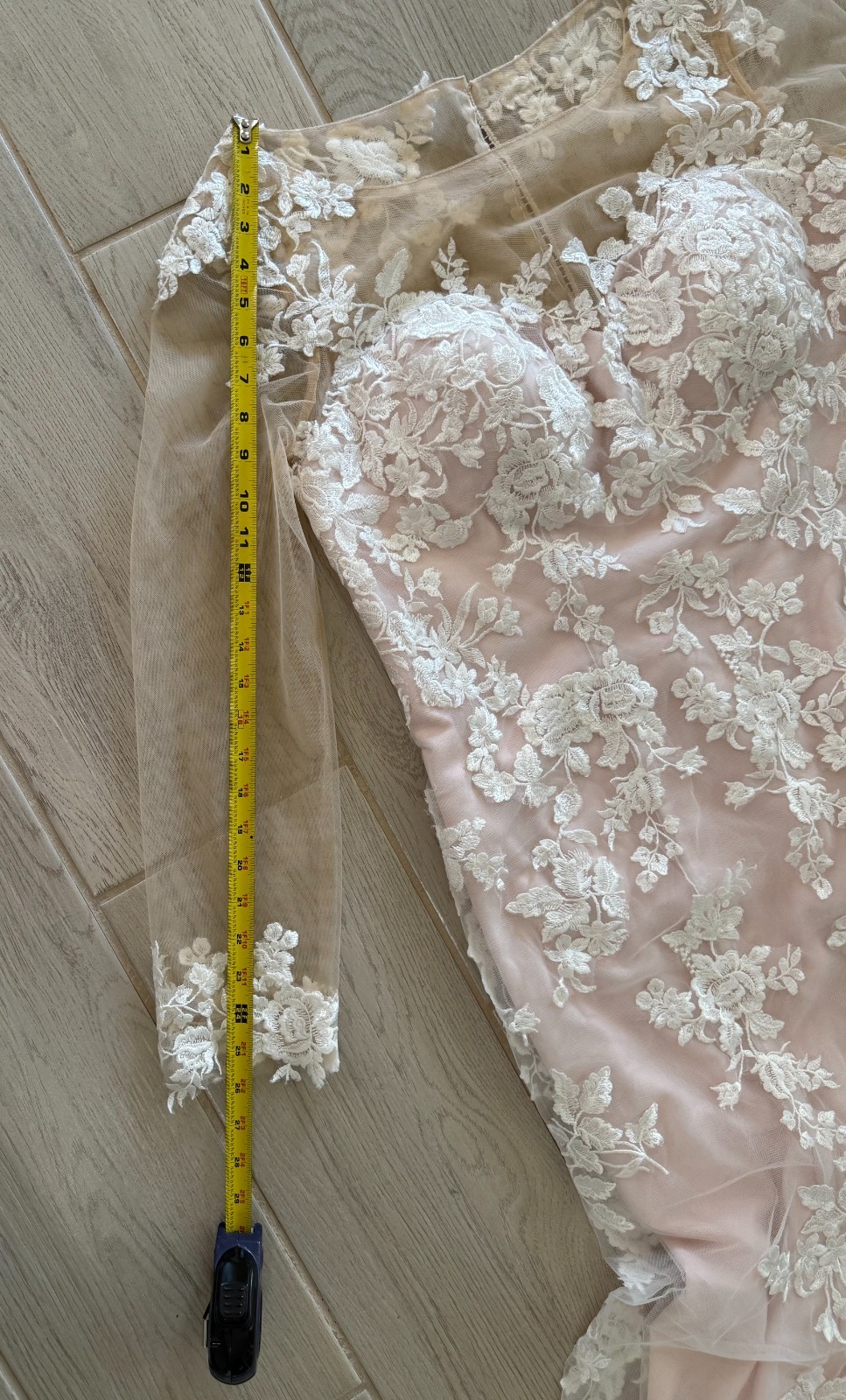 CUSTOM MADE PEACH/BLUSH WEDDING DRESS WITH LINER, LACE & SILK COVERED BUTTONS