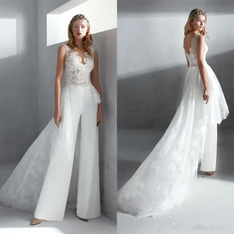 V Neck Lace A Line Wedding Dresses Jumpsuit Tulle Applique Ruched Bridal Gowns