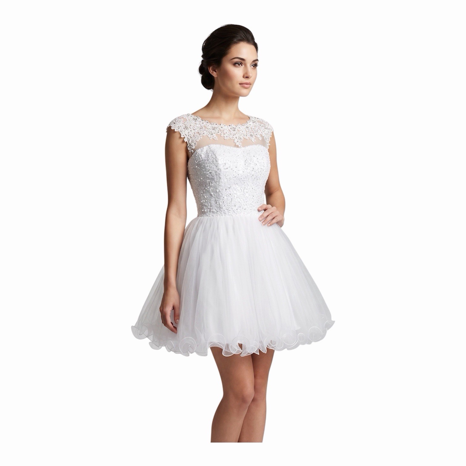 Let’s 5522 White Illusion Cap Sleeve Lace Beaded Sequin Tulle Dress L