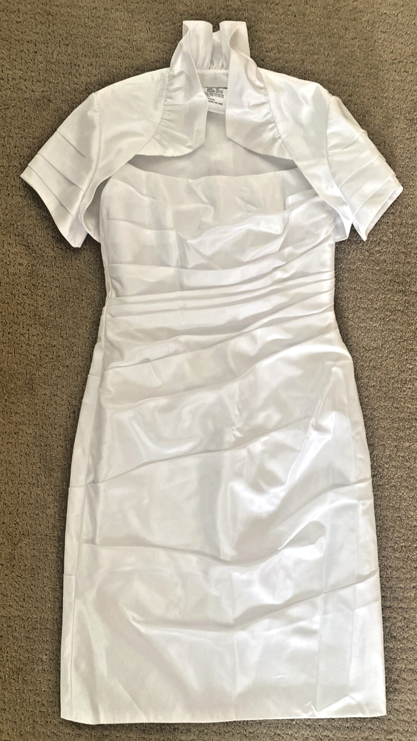 Davids Bridal Galina Short Strapless White Taffeta Sheath Wedding Dress 8P Shrug