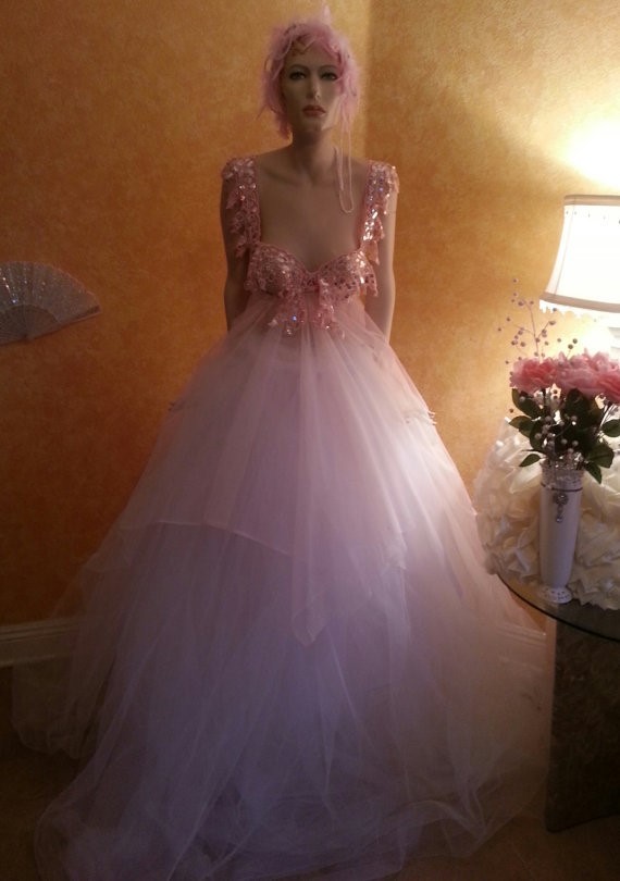 Pink & White Fantasy Goddess Crystal Sequin Tulle Bridal Ballgown Bohemian Beach