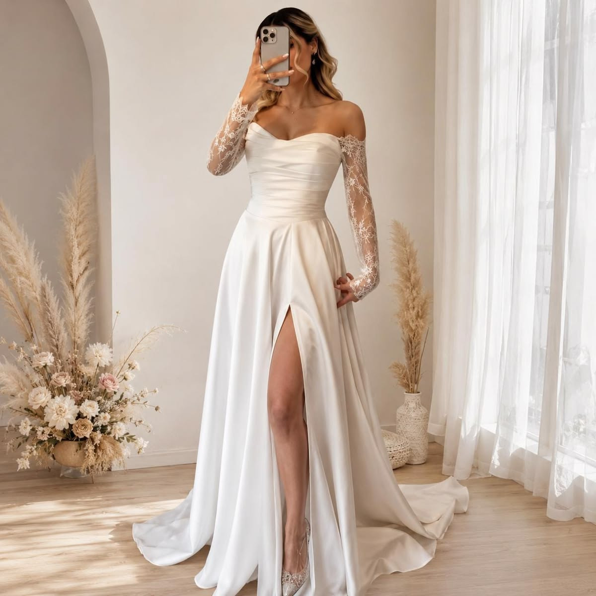 Sexy Wedding Dresses Lace Long Sleeves Off Shoulder Side Slit Satin Bridal Gown