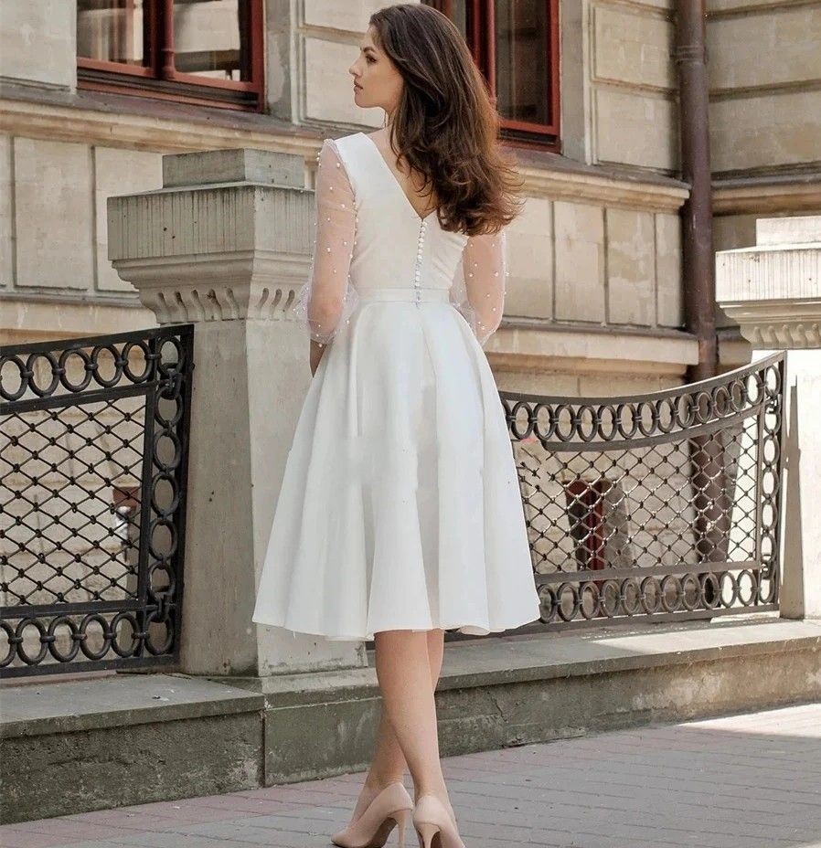 Elegant Wedding Dress A-line Pearl Long Sleeve Tea-Length Satin Bridal Gown
