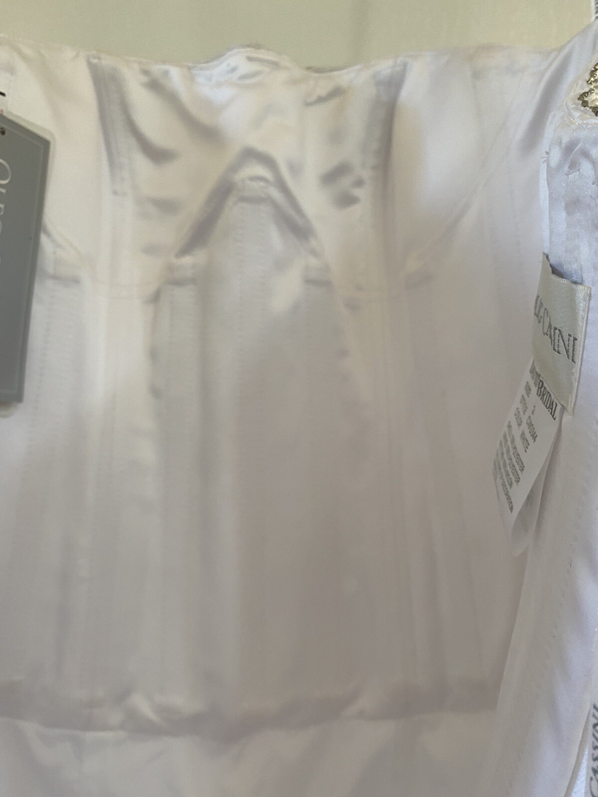 Oleg Cassini White Wedding Dress CWG344 Strapless Beaded Ruffle Satin Tulle Sz 2
