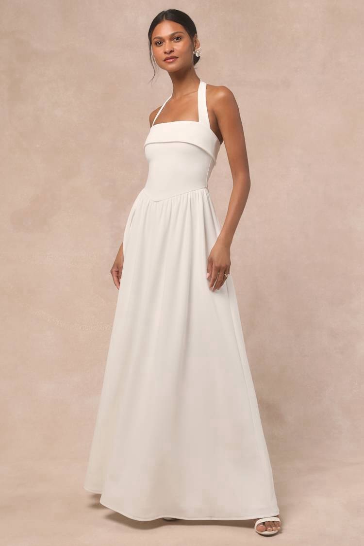 Lulus Telia Wedding Dress Sz Large White Halter Basque Waist Maxi Minimalist